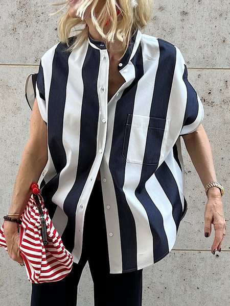 

Stand Collar Simple Short Sleeve Blouse, Purplish blue, Blouses and Shirts