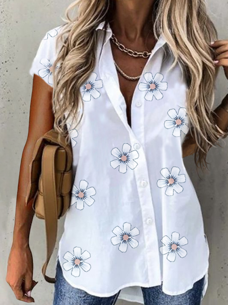 

Lapel Casual Floral Short Sleeve Blouse, Off white, Blouses & Shirts