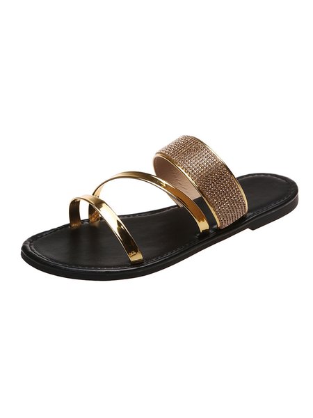 

Shiny Rhinestone Gorgeous Straps Casual Slippers, Golden, Sandals