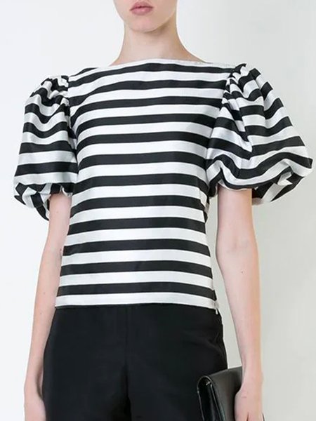 

Striped Boat Neck Elegant Short Sleeve Top, Stripe, Tops