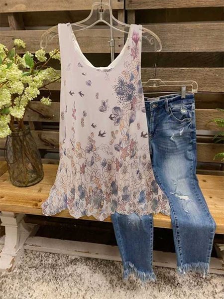 

Floral-print Sleeveless Casual Tank Top, Khaki, Tanks & Camis