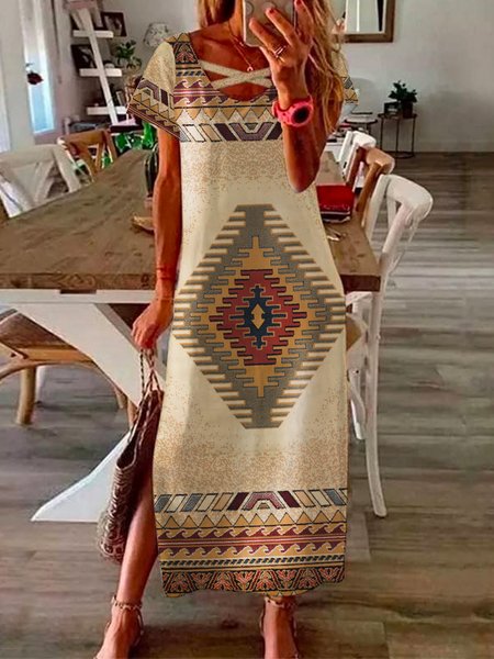 

Ethnic Style Print Hot Sale Summer New Ladies Casual Short Sleeve Knit Dress, Multicolor, Dresses