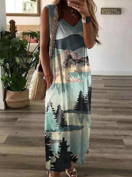 

Casual Landscape Print Sleeveless Knitting Dresses, Multicolor, Dresses