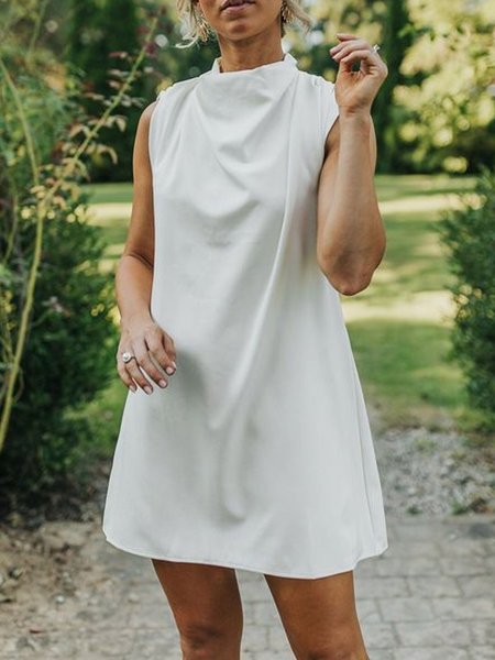 

Stand Collar Short Sleeve Woven Dress, White, Mini Dresses