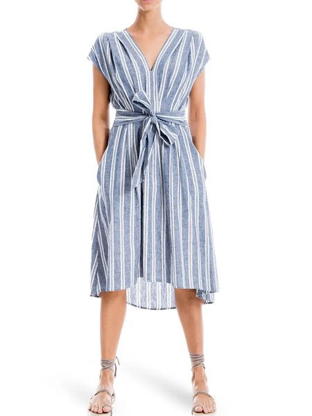

V Neck Striped Short Sleeve Woven Dress With Belt, Blue, Midi Dresses