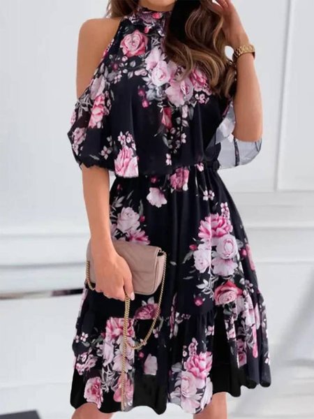 

Round Neck Floral Short Sleeve Casual Dress, Black, Mini Dresses