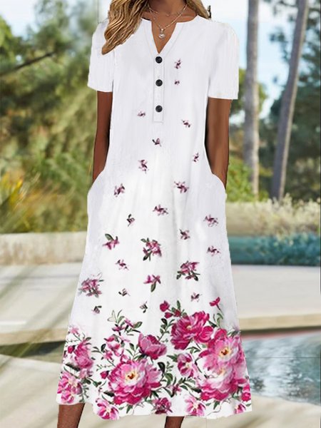 

Vacation Floral Printed LoosenV Neck Pockets Long Short Sleeve Woven Dress, White, Midi Dresses