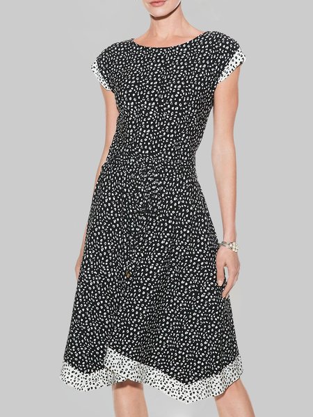 

Polka Dots Short Sleeve Woven Dress, Black-white, Midi Dresses