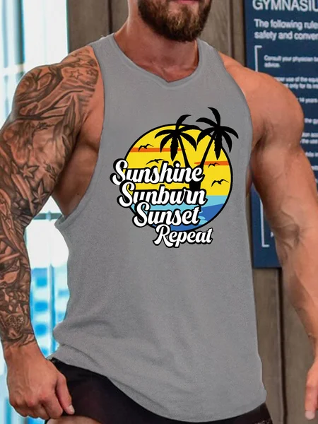 

Men's Vacation Funny Print Casual Knit, Gray, Tank Tops