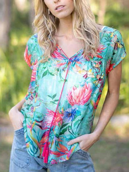 

Casual Floral V Neck Cotton Blends Loosen Short Sleeve T-Shirt, Blue, Shirts & Blouses