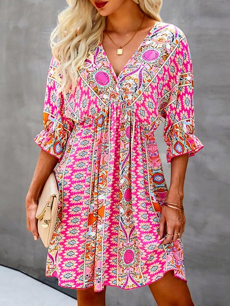 

Women's Bohemian Resort Ethnic Print Dress, Pink, Dresses