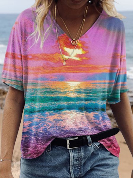 

Loosen V Neck Vacation Short Sleeve T-Shirt, Multicolor, Tops