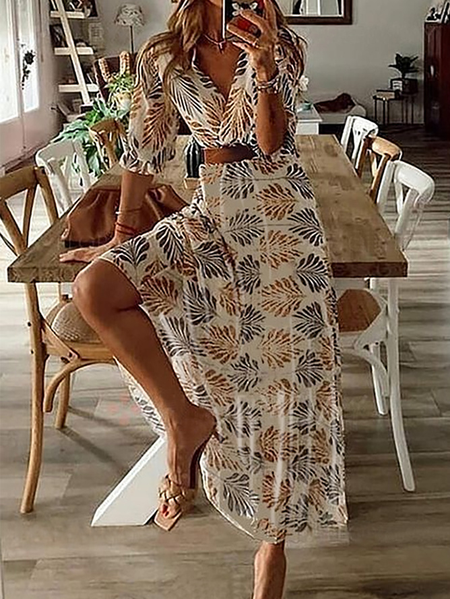 

Leaves Printed Loosen Vacation V Neck Half Sleeves Maxi Long sleeve Woven Dress, Apricot, Maxi Dresses