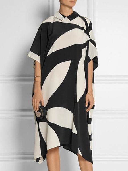 

Floral Shirt Collar Short Sleeve Woven Dress, Black, Midi Dresses