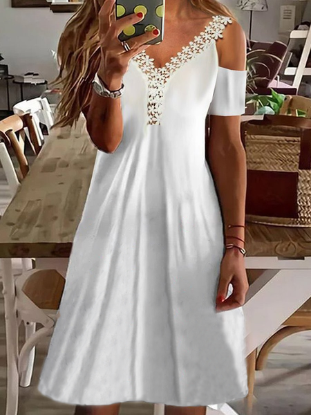 

V Neck Short Sleeve Knit Dress, White, Summer Dresses