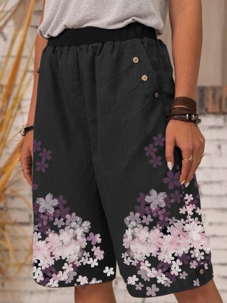 Buttoned Casual Floral Shorts, Black, Shorts