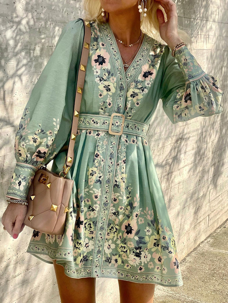

Plus size Floral V Neck Long Sleeve Dress, Green, Mini Dresses