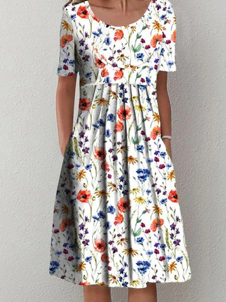 

Floral Loosen Casual Short Sleeve Woven Dress, Multicolor, Dresses