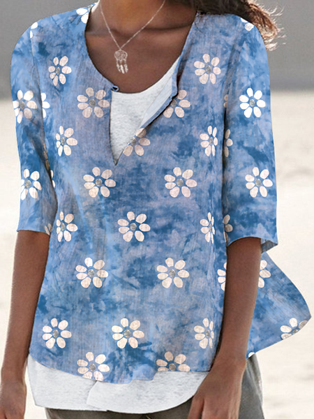 

Floral Regular Fit V Neck Casual Short Sleeve Tops, Blue, Shirts & Blouses