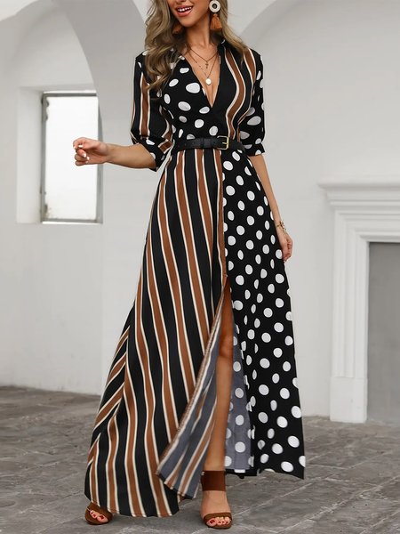 

Casual Shirt Collar Striped Half Sleeve Midi Dress, Black-coffee, Maxi Dresses