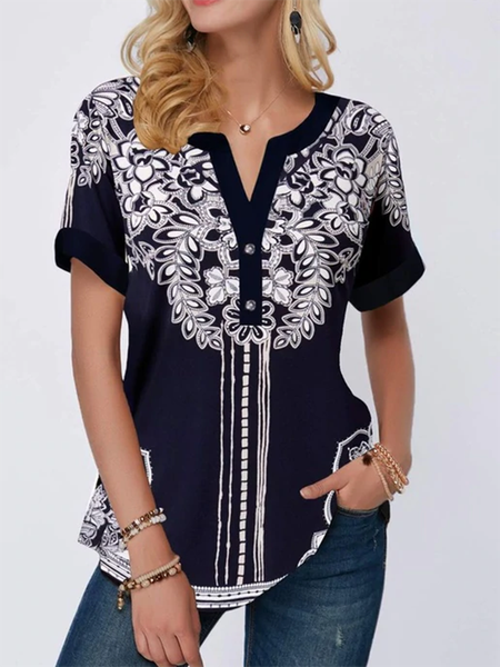 

Floral V neck Casual Short Sleeve Tops, As picture, Tops