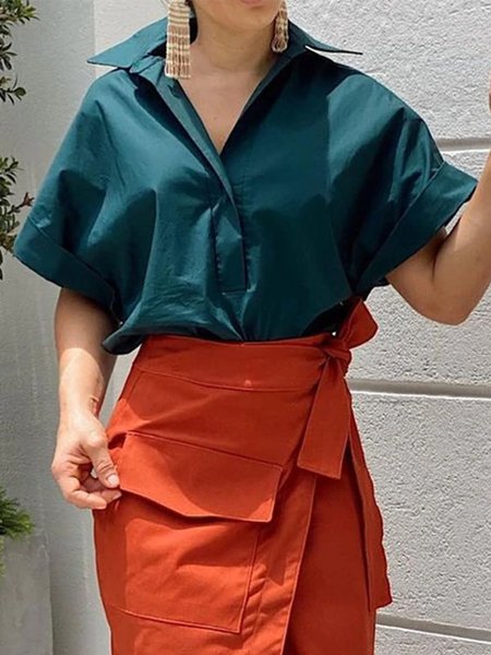 Casual Shirt Collar Regular Fit Short Sleeve Top, Dark green, Tops