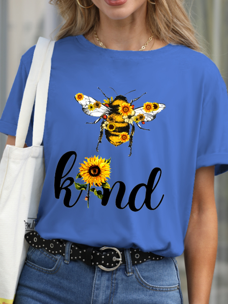 

Casual Funny Bee Kind Print Crew Neck T-shirt, Blue, T-shirts