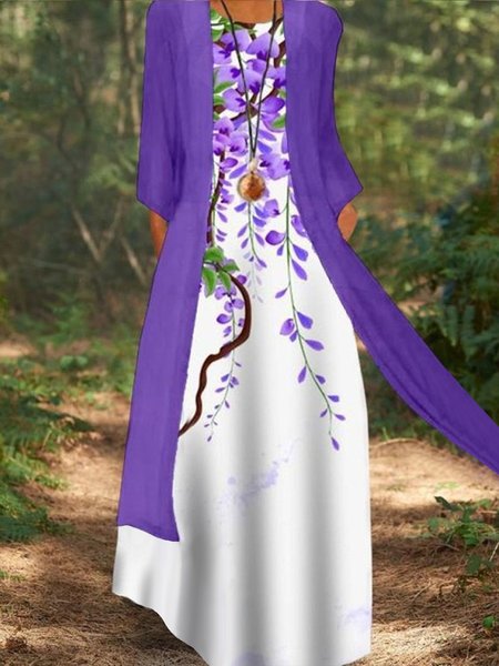 a-line crew neck Two Piece Sets, Leaves, Maxi Dresses