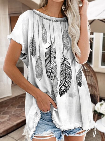 

Loosen Crew Neck Vacation Short Sleeve T-Shirt, White, Shirts & Blouses