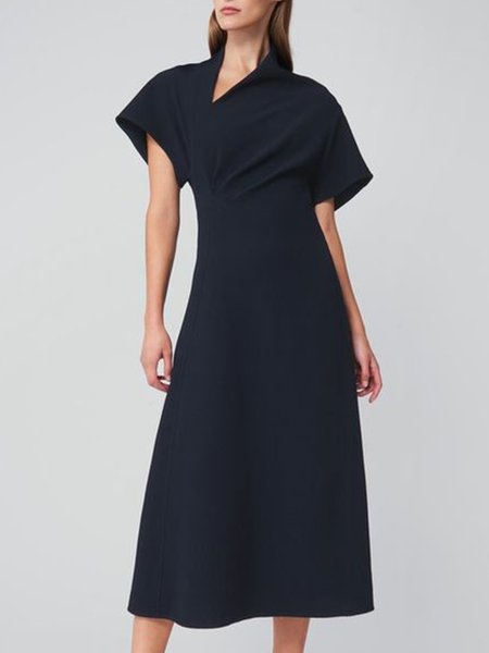 

Simple Regular Fit Short Sleeve Woven Dress, Black, Midi Dresses