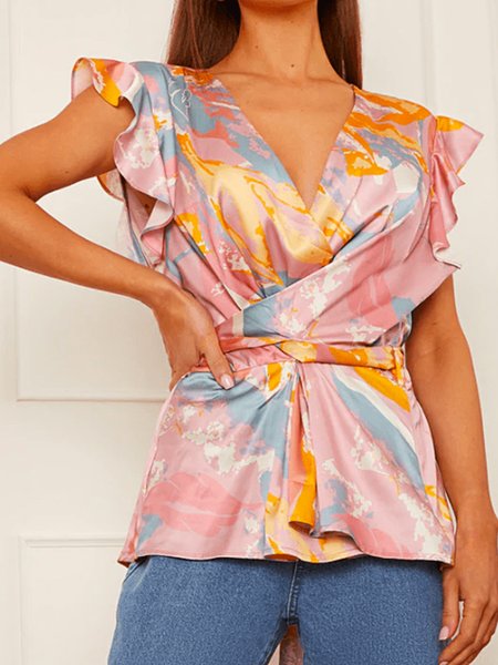 

Summer Lightweight V neck Regular Fit Short Sleeve Daily Tops, Dusty pink, Tops