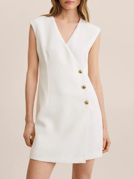 

Simple V Neck Sleeveless Woven Dress, White, Mini Dresses