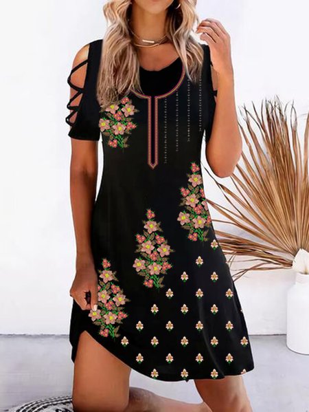 

Floral Printed Casual Short Sleeve Knit Dress, Black, Dresses