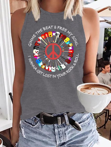 

Women's Guitar Funny Print Casual Crew Neck Knit, Gray, Tank Tops