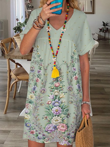 

V Neck Floral Casual Short Sleeve Woven Dress, Green, Mini Dresses