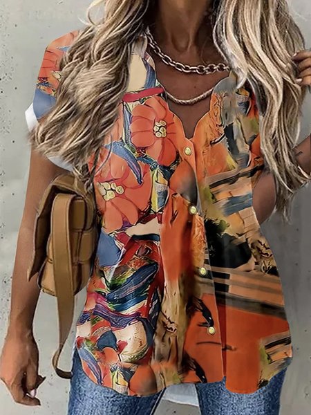 

Abstract V Neck Short Sleeve Buttoned Plus Size Casual Shirts, Multicolor, Blouses & Shirts