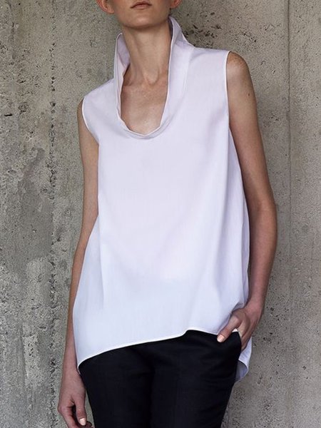 

Daily Simple Sleeveless Stand Collar Solid Top, White, Tunics