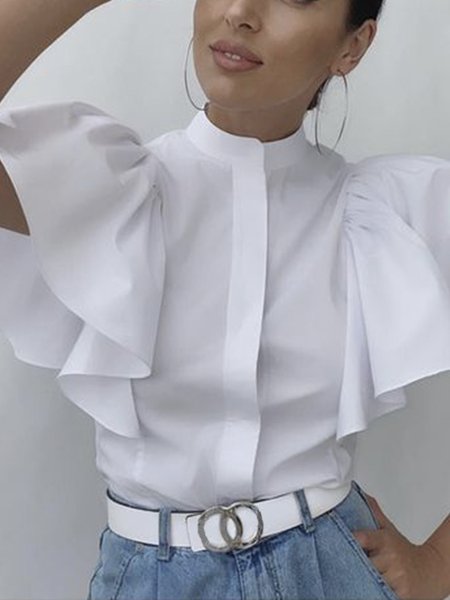 

Elegant Regular Fit Stand Collar Short Sleeve Blouse, White, Blouses and Shirts