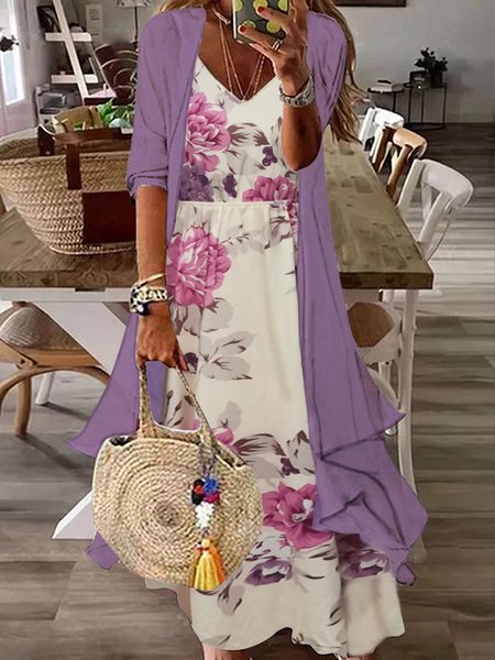 

JFN 2PCS V Neck Floral Vacation Dress & Cardigan, Purple, Dresses