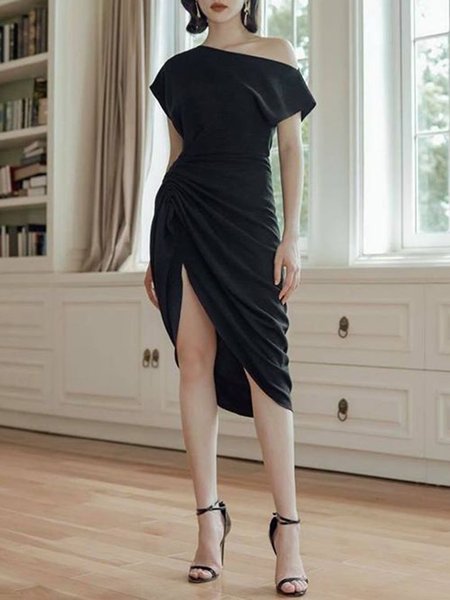 

Elegant Boat Neck Short Sleeve Knit Dress, Black, Midi Dresses