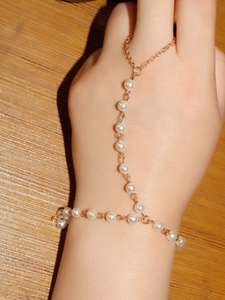 

JFN Beach Resort Style Pearl Chain Ring Bracelet All in One, Golden, Bracelets
