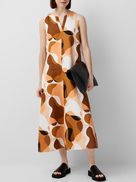 

Abstract V Neck Short Sleeve Woven Dress, Orange, Maxi Dresses