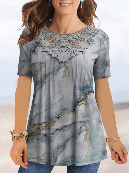 

JFN Crew Neck Marbling Vacation Tunic Tops, Gray, T-Shirts