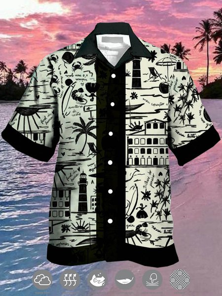 

Men's Ocean Coconut Tree Print Casual Moisture Absorbent Breathable Fabric Hawaiian Short Sleeve Shirt, Black, Men's Floral shirt