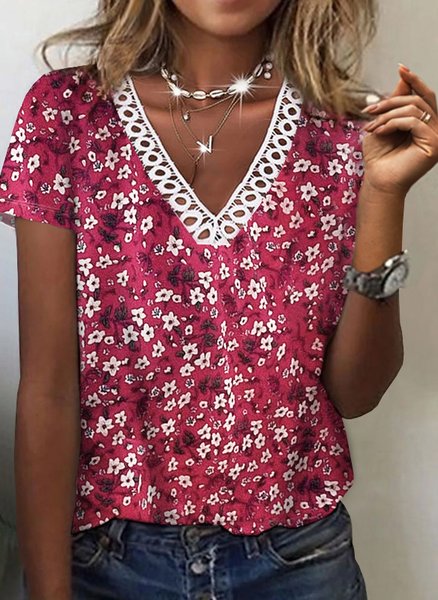 

V Neck Floral Short Sleeve T-Shirt, As picture, T-Shirts
