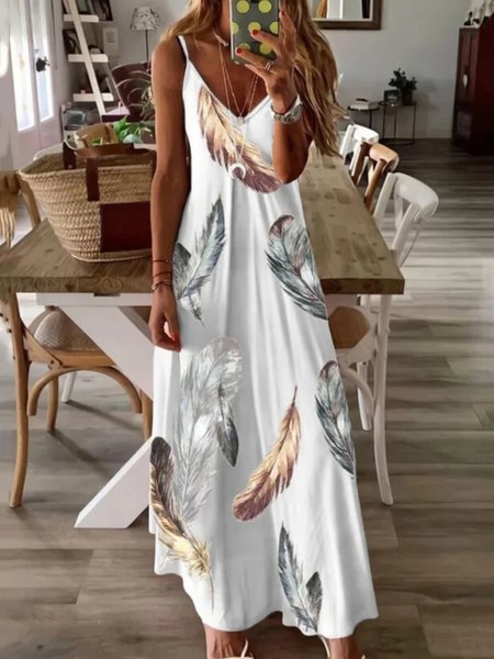 Casual Feather Sleeveless V Neck Plus Size Printed Dress, White, Maxi Dresses