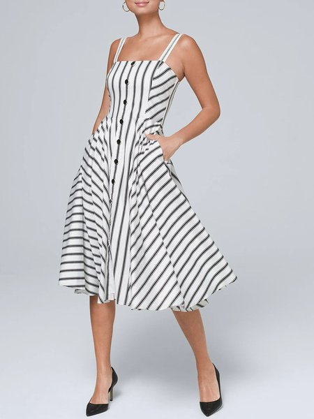 

Striped Simple Spaghetti Sleeveless Woven Dress, Stripe, Midi Dresses