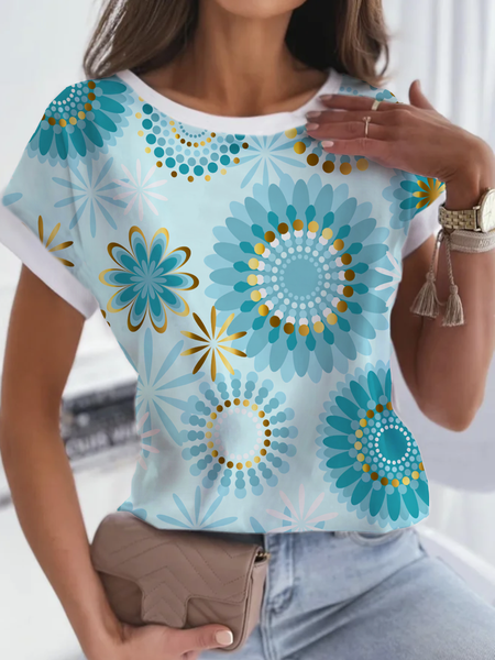 

Floral Polka Dot Casual T-Shirt Crew Neck Geometric Short Sleeve T-Shirt, Green, T-Shirts