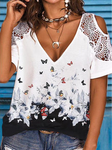 

Vacation Regular Fit V Neck Short Sleeve Tops, White, Shirts & Blouses
