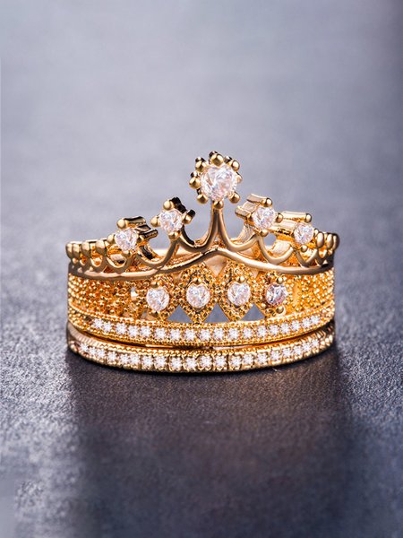 

2PC Fashion Crown Queen Rhinestone Rings Set, Golden, Ring